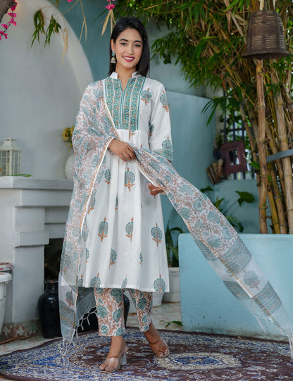 Teal Rust Hand-Block Mandarin Collar Printed Cotton A-line flared Kurta Set with Kota Doria Dupatta - HL67