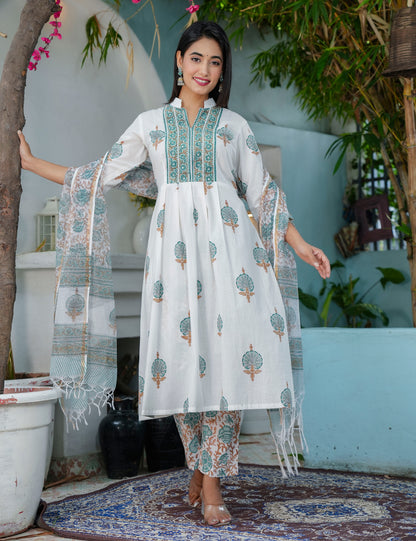 Teal Rust Hand-Block Mandarin Collar Printed Cotton A-line flared Kurta Set with Kota Doria Dupatta - HL67