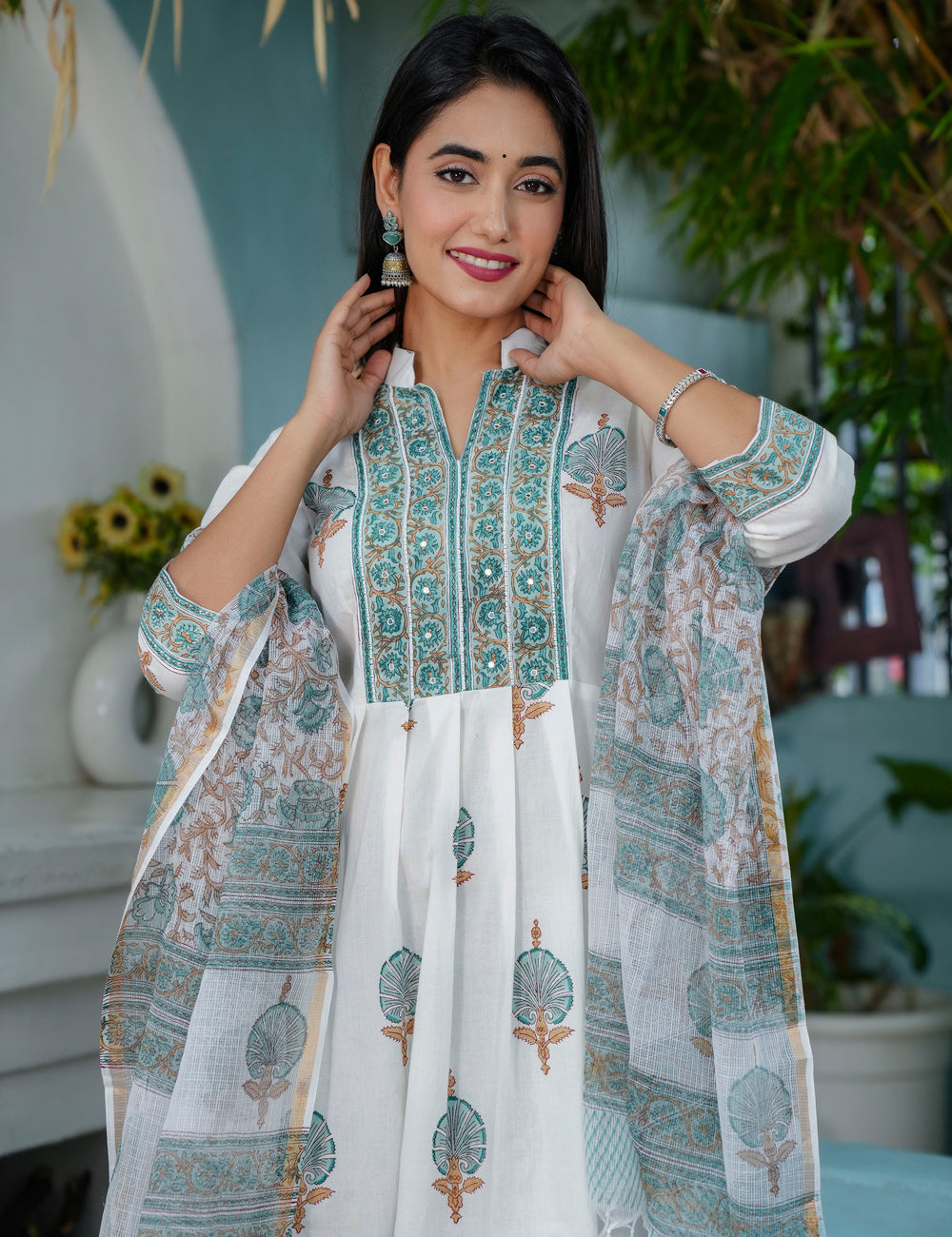 Teal Rust Hand-Block Mandarin Collar Printed Cotton A-line flared Kurta Set with Kota Doria Dupatta - HL67