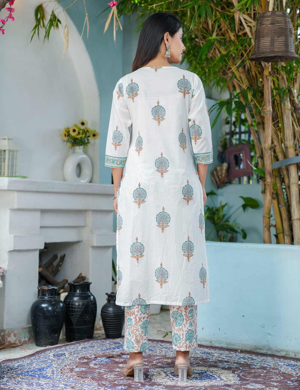 Teal Rust Hand-Block Printed Cotton Calf Length V-neck flared Kurta Set with Kota Doria Dupatta - HL68