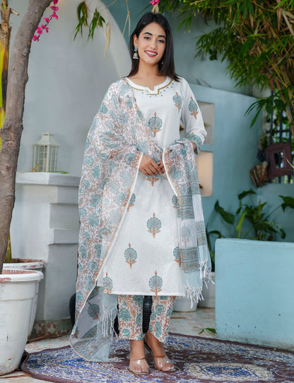 Teal Rust Hand-Block Printed Cotton Calf Length V-neck flared Kurta Set with Kota Doria Dupatta - HL68