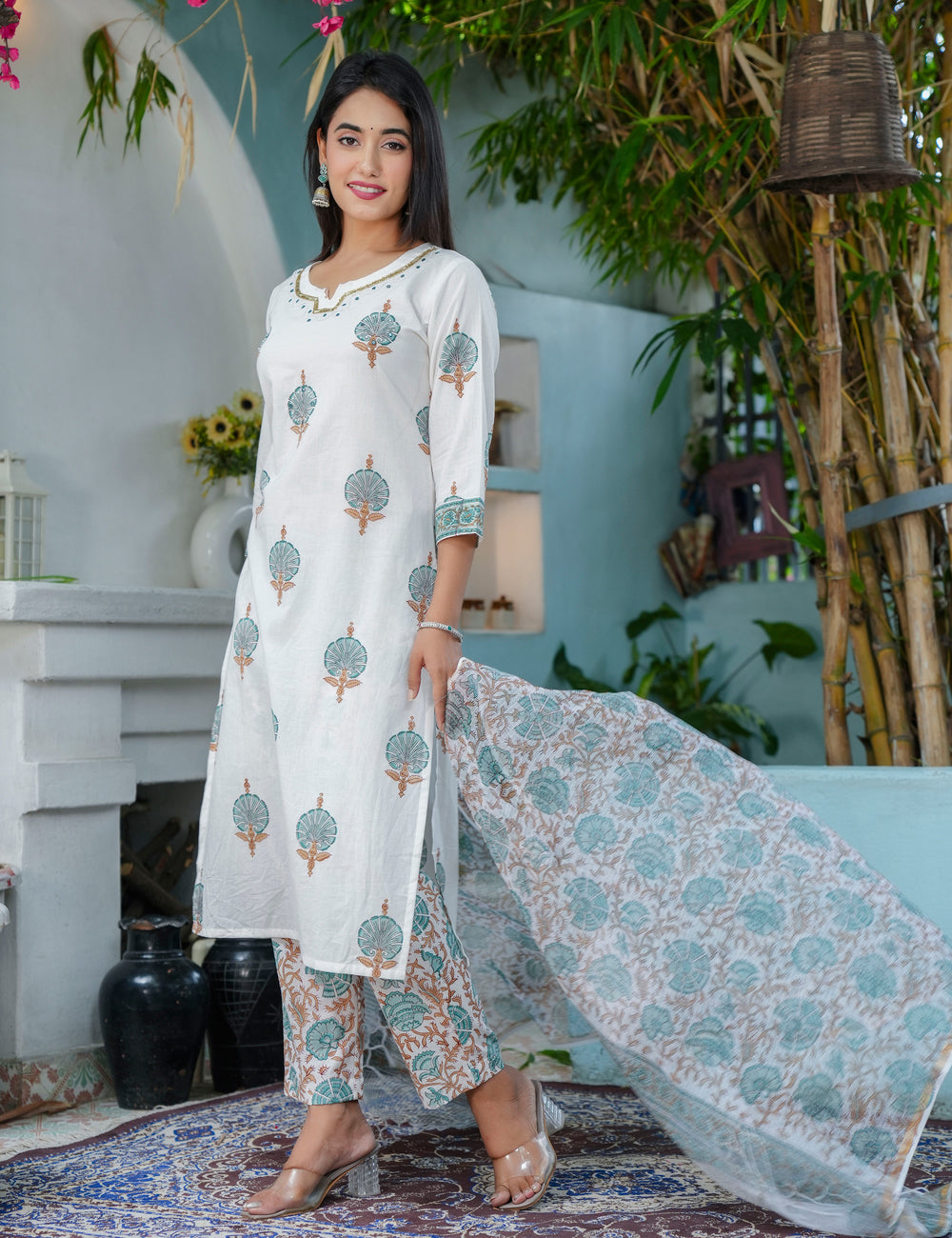 Teal Rust Hand-Block Printed Cotton Calf Length V-neck flared Kurta Set with Kota Doria Dupatta - HL68