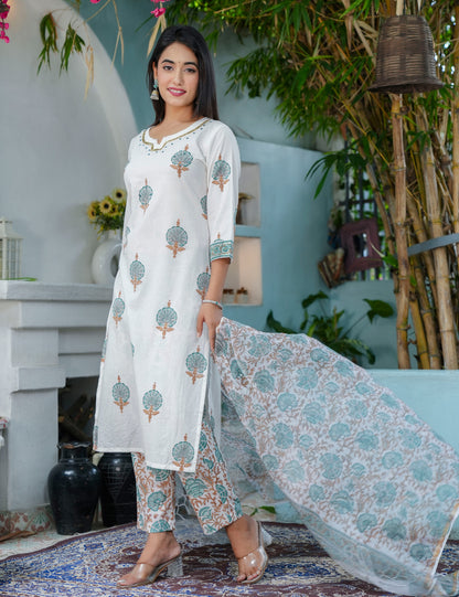 Teal Rust Hand-Block Printed Cotton Calf Length V-neck flared Kurta Set with Kota Doria Dupatta - HL68