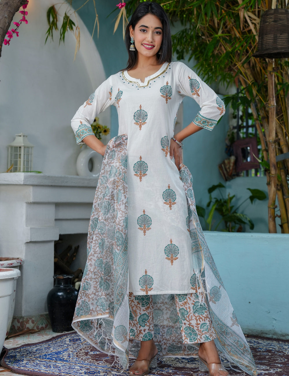 Teal Rust Hand-Block Printed Cotton Calf Length V-neck flared Kurta Set with Kota Doria Dupatta - HL68