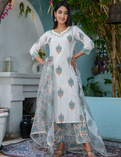 Teal Rust Hand-Block Printed Cotton Calf Length V-neck flared Kurta Set with Kota Doria Dupatta - HL68