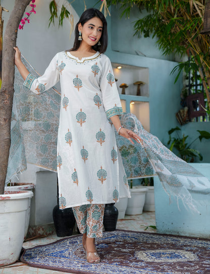 Teal Rust Hand-Block Printed Cotton Calf Length V-neck flared Kurta Set with Kota Doria Dupatta - HL68