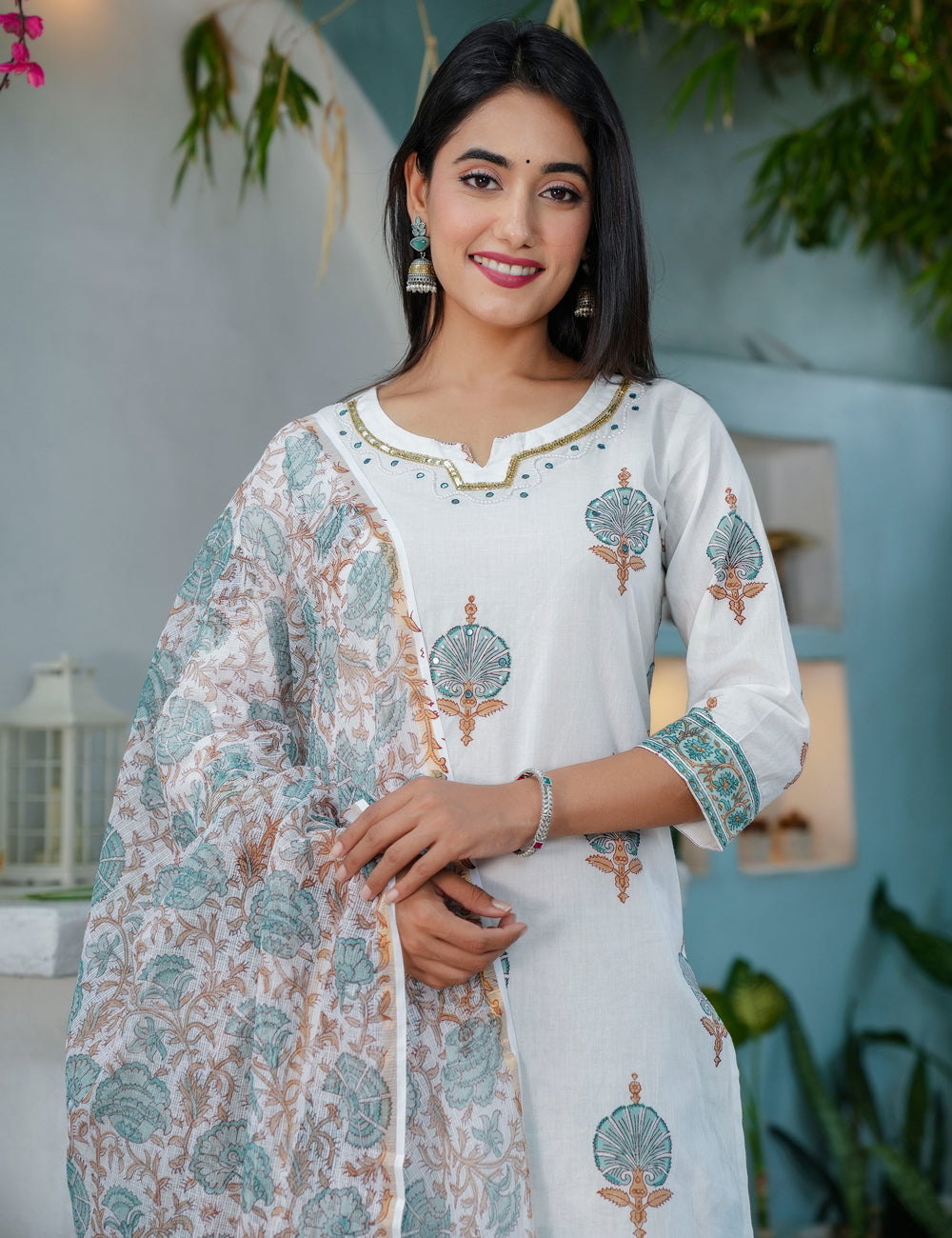 Teal Rust Hand-Block Printed Cotton Calf Length V-neck flared Kurta Set with Kota Doria Dupatta - HL68