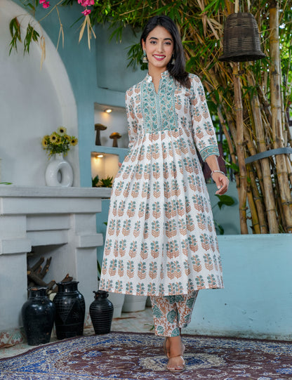 Teal Rust Hand-Block Printed Cotton A-line Calf Length Anarkali-style flared Kurta Set with Kota Doria Dupatta - HL69