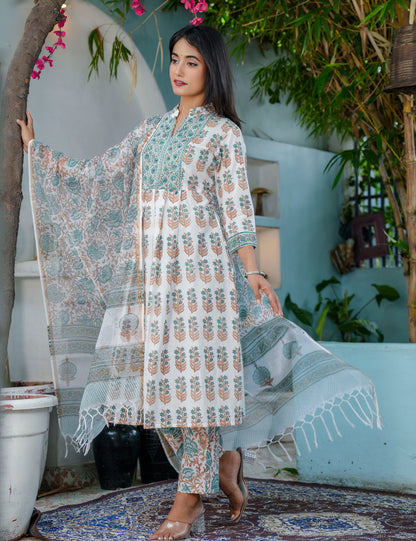 Teal Rust Hand-Block Printed Cotton A-line Calf Length Anarkali-style flared Kurta Set with Kota Doria Dupatta - HL69