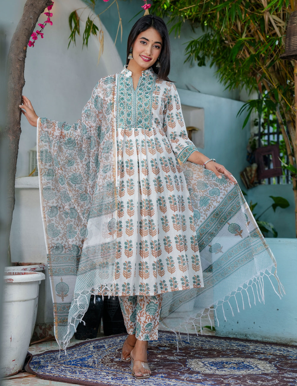 Teal Rust Hand-Block Printed Cotton A-line Calf Length Anarkali-style flared Kurta Set with Kota Doria Dupatta - HL69