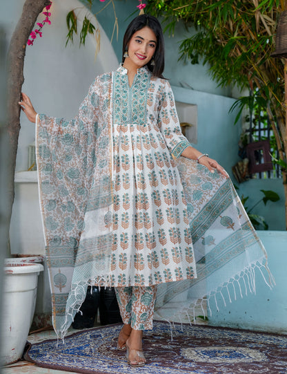 Teal Rust Hand-Block Printed Cotton A-line Calf Length Anarkali-style flared Kurta Set with Kota Doria Dupatta - HL69