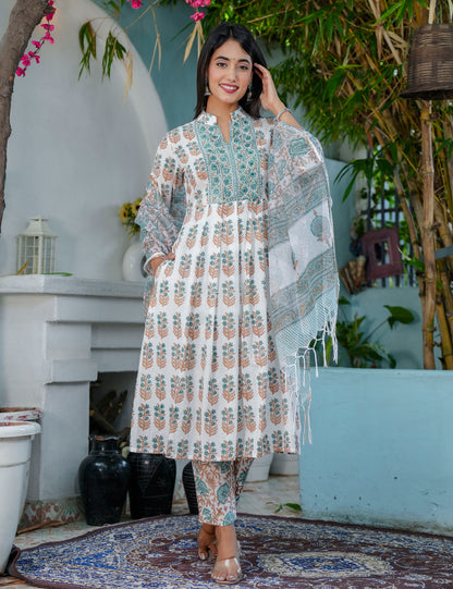 Teal Rust Hand-Block Printed Cotton A-line Calf Length Anarkali-style flared Kurta Set with Kota Doria Dupatta - HL69