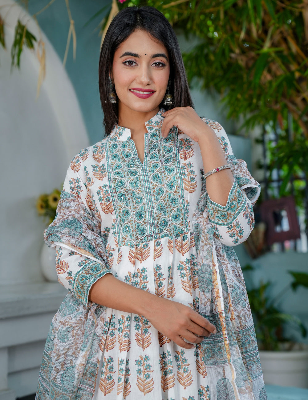 Teal Rust Hand-Block Printed Cotton A-line Calf Length Anarkali-style flared Kurta Set with Kota Doria Dupatta - HL69