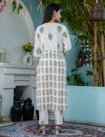 Floral Lines Grace Hand- Block Printed Cotton Straight Cut Kurta Set with Kota Doria Dupatta - HL70