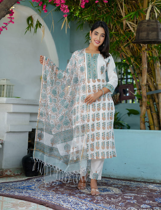 Floral Lines Grace Hand- Block Printed Cotton Straight Cut Kurta Set with Kota Doria Dupatta - HL70