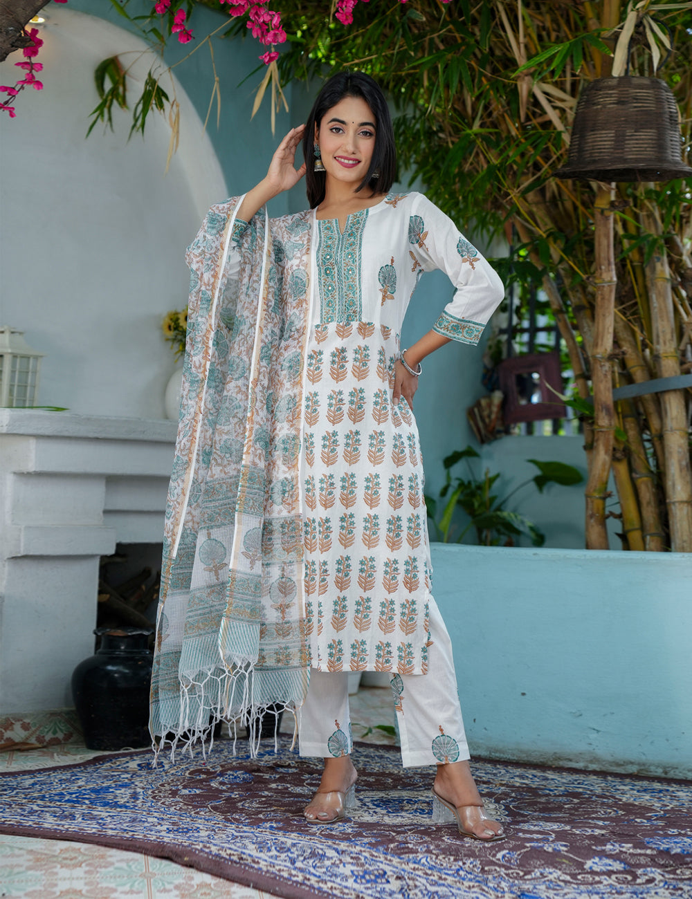 Floral Lines Grace Hand- Block Printed Cotton Straight Cut Kurta Set with Kota Doria Dupatta - HL70