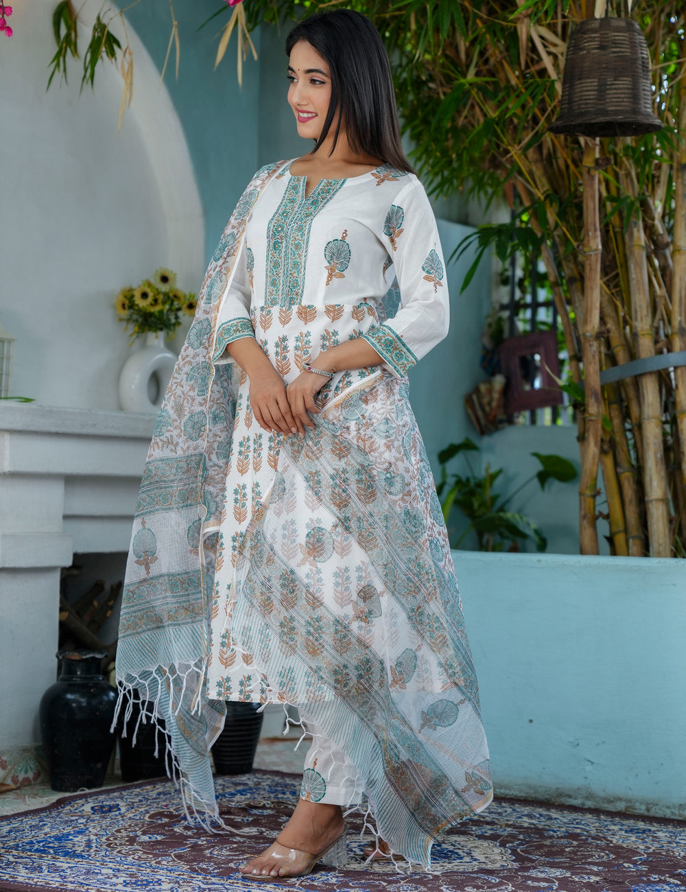 Floral Lines Grace Hand- Block Printed Cotton Straight Cut Kurta Set with Kota Doria Dupatta - HL70