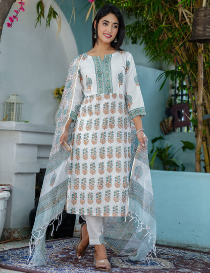 Floral Lines Grace Hand- Block Printed Cotton Straight Cut Kurta Set with Kota Doria Dupatta - HL70