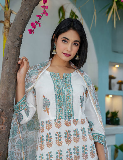 Floral Lines Grace Hand- Block Printed Cotton Straight Cut Kurta Set with Kota Doria Dupatta - HL70
