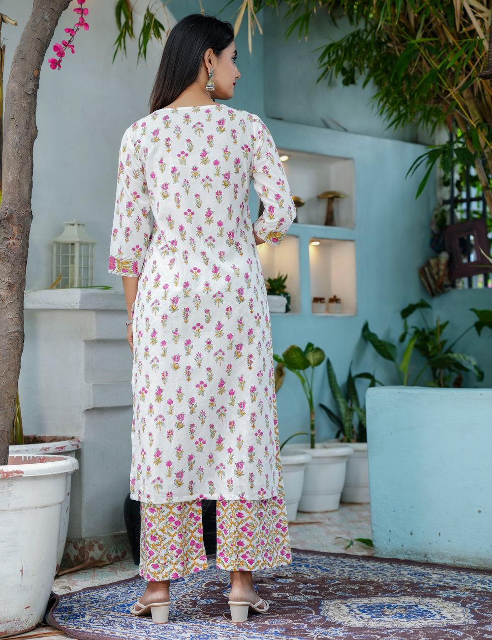 Rose Mogra Kurta Set Embroidered Hand Block Cotton V-shaped neck Kurta Set with Kota Doria Dupatta - HL71