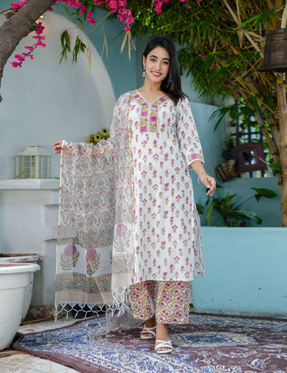 Rose Mogra Kurta Set Embroidered Hand Block Cotton V-shaped neck Kurta Set with Kota Doria Dupatta - HL71