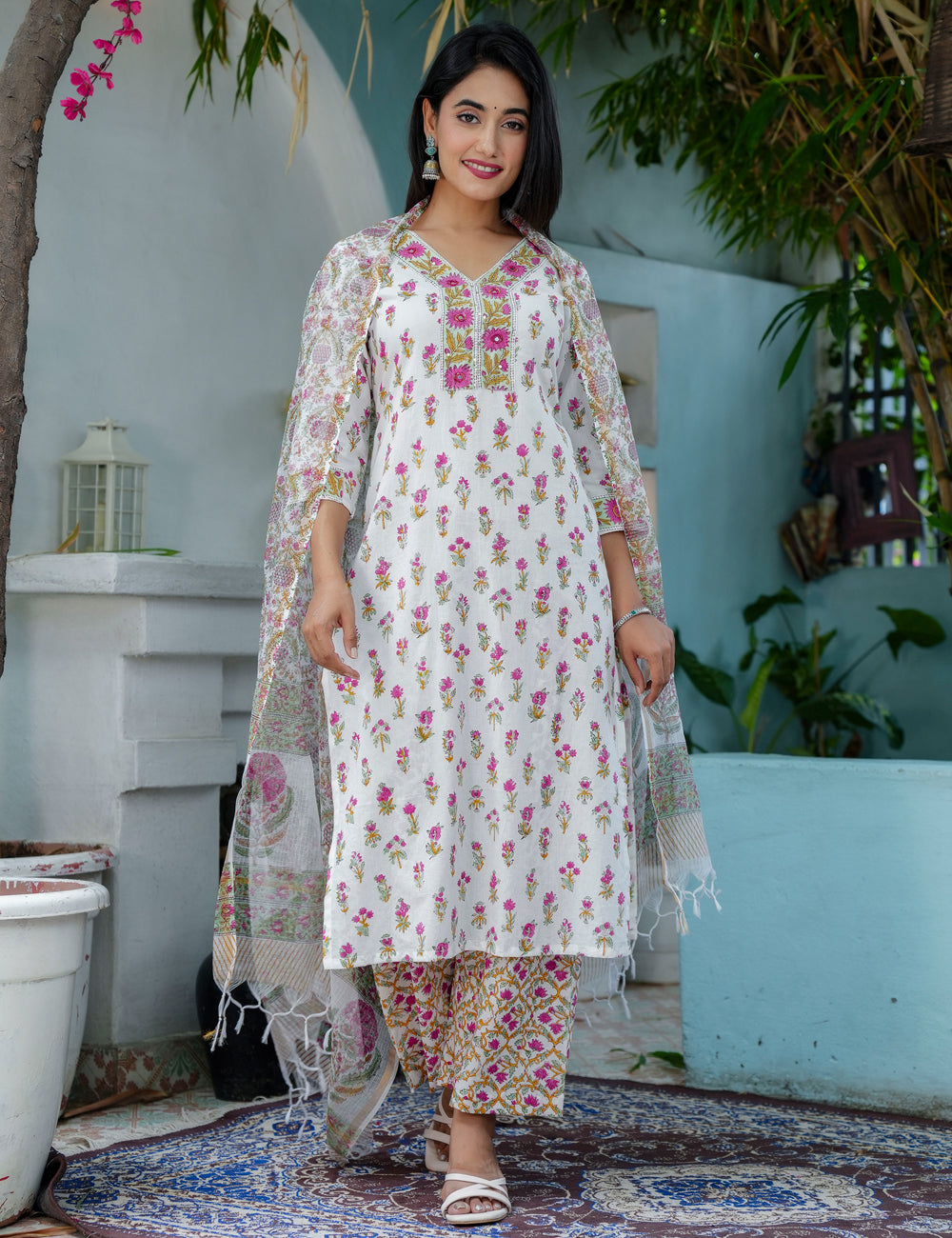Rose Mogra Kurta Set Embroidered Hand Block Cotton V-shaped neck Kurta Set with Kota Doria Dupatta - HL71