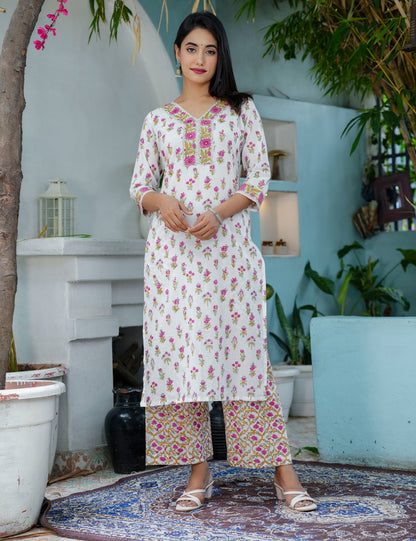 Rose Mogra Kurta Set Embroidered Hand Block Cotton V-shaped neck Kurta Set with Kota Doria Dupatta - HL71