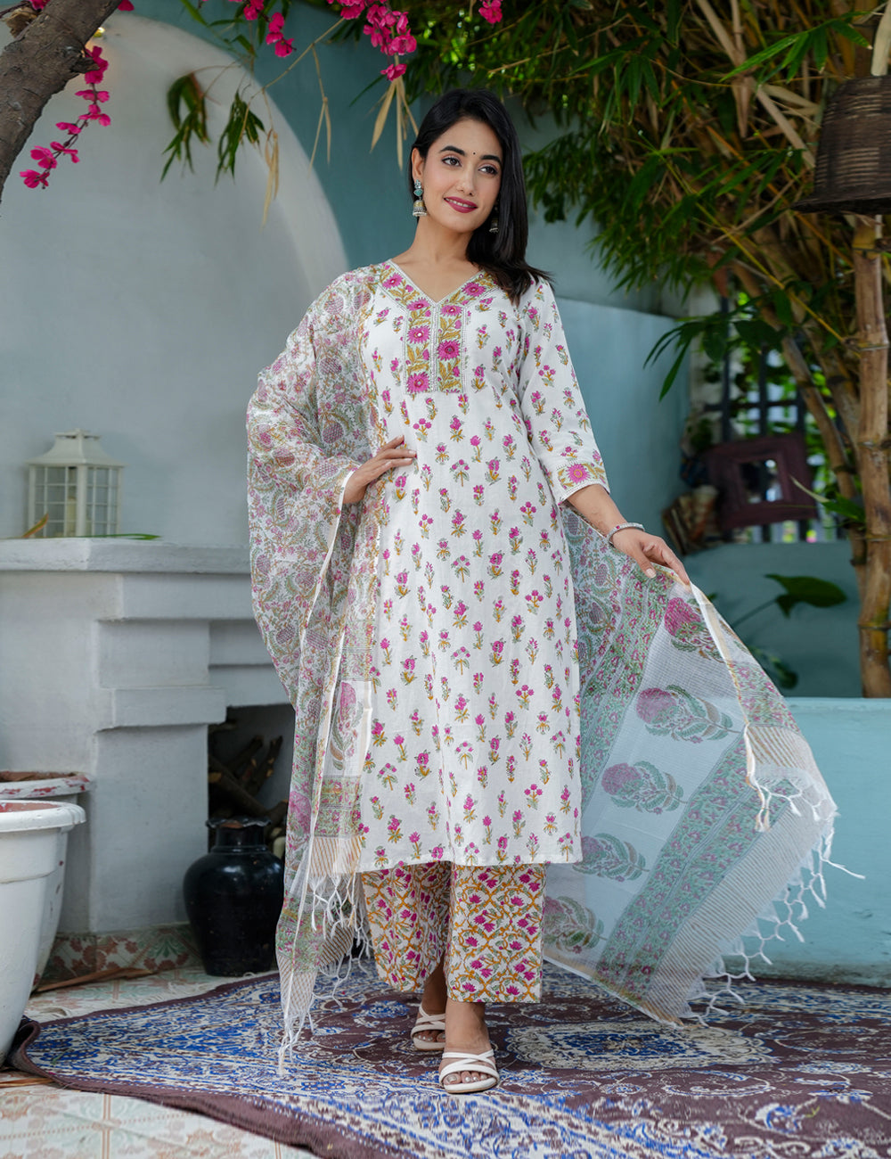 Rose Mogra Kurta Set Embroidered Hand Block Cotton V-shaped neck Kurta Set with Kota Doria Dupatta - HL71