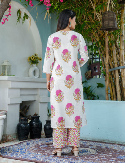 Pink Floral Bootas Hand Block Straight Cut Roundneck Kurta Set with Kota Doria Dupatta - HL72