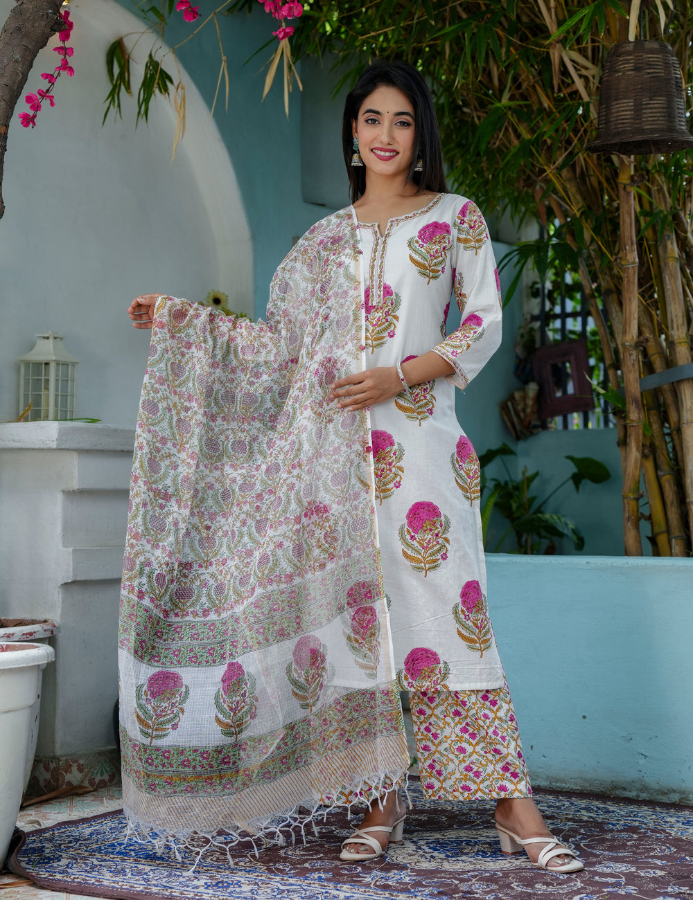 Pink Floral Bootas Hand Block Straight Cut Roundneck Kurta Set with Kota Doria Dupatta - HL72