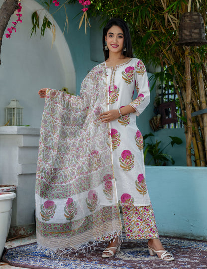Pink Floral Bootas Hand Block Straight Cut Roundneck Kurta Set with Kota Doria Dupatta - HL72
