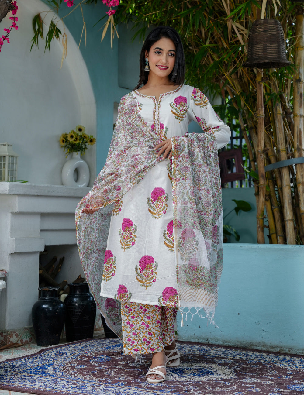 Pink Floral Bootas Hand Block Straight Cut Roundneck Kurta Set with Kota Doria Dupatta - HL72