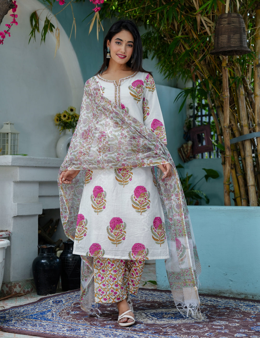 Pink Floral Bootas Hand Block Straight Cut Roundneck Kurta Set with Kota Doria Dupatta - HL72