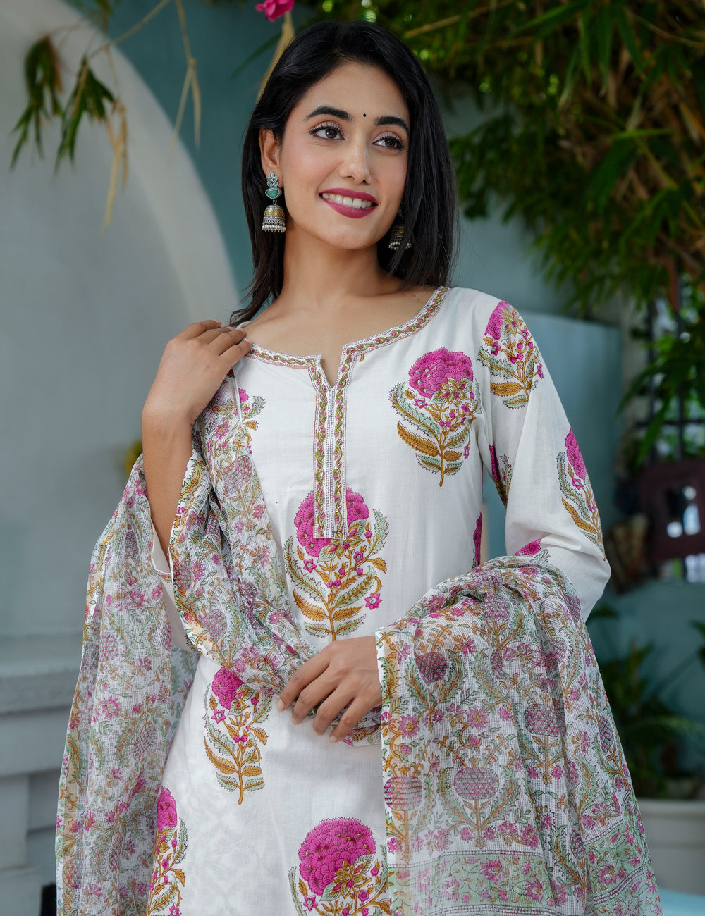 Pink Floral Bootas Hand Block Straight Cut Roundneck Kurta Set with Kota Doria Dupatta - HL72