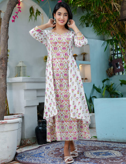 Rich Layered Floral Anarkali Hand Block Printed Western Dress - HL73