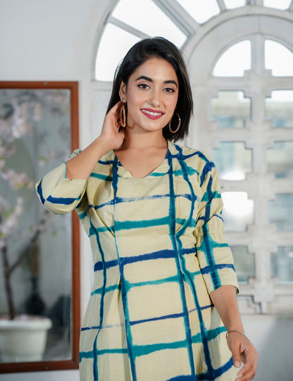 Navy Teal Check Sanganeri Printed V-shaped Geomatric Pattern Co-ord Set - HL74