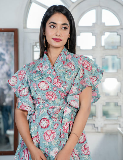Teal Rosewood Hand Block Wrap-Style Peplum Top - HL76