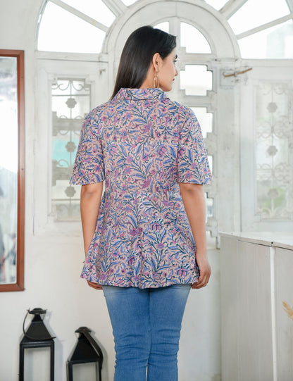 Lavender Vine Hand Block Cotton Button-Down Floral Peplum Top - HL77
