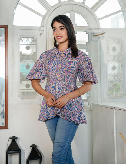 Lavender Vine Hand Block Cotton Button-Down Floral Peplum Top - HL77