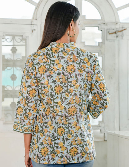 Marigold Motifs Hand Block V-neck Cotton Short Kurti with Mandarin Collar - HL79