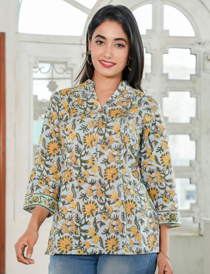 Marigold Motifs Hand Block V-neck Cotton Short Kurti with Mandarin Collar - HL79