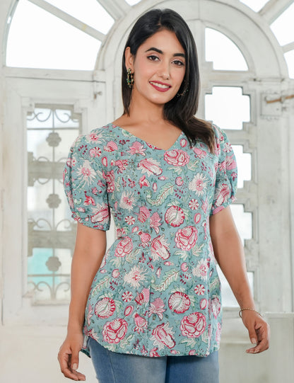 Rosy Flair Puff Sleeve Floral V-neck Hand Block printed Cotton Kurti - HL80