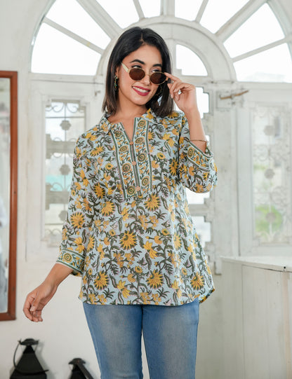 Sunlit Vine Hand Block Print Split Neck Cotton Short Kurti - HL81