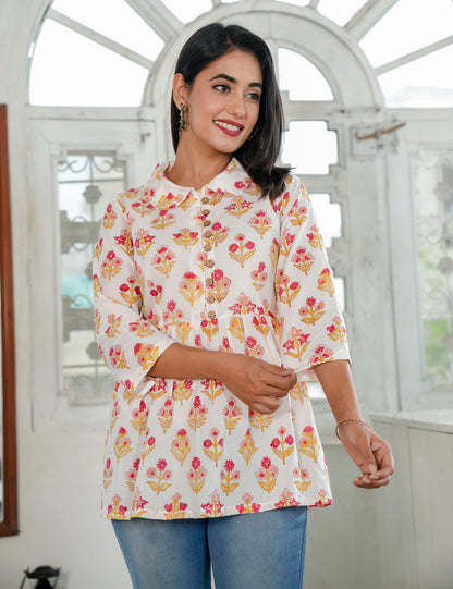 Boho-inspired Hand Block Print Cotton Casual Peplum Top - HL82