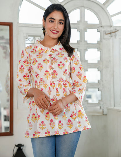 Boho-inspired Hand Block Print Cotton Casual Peplum Top - HL82
