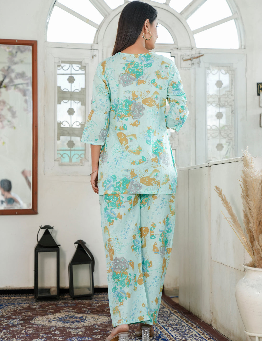 Mint Bloom SanganeriPrinted Relaxed Fit V-neck Cotton Co-ord Set - HL83