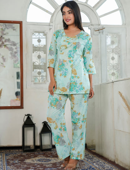 Mint Bloom SanganeriPrinted Relaxed Fit V-neck Cotton Co-ord Set - HL83