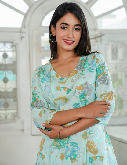 Mint Bloom SanganeriPrinted Relaxed Fit V-neck Cotton Co-ord Set - HL83