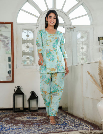Mint Bloom SanganeriPrinted Relaxed Fit V-neck Cotton Co-ord Set - HL83