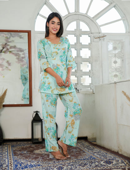 Mint Bloom SanganeriPrinted Relaxed Fit V-neck Cotton Co-ord Set - HL83